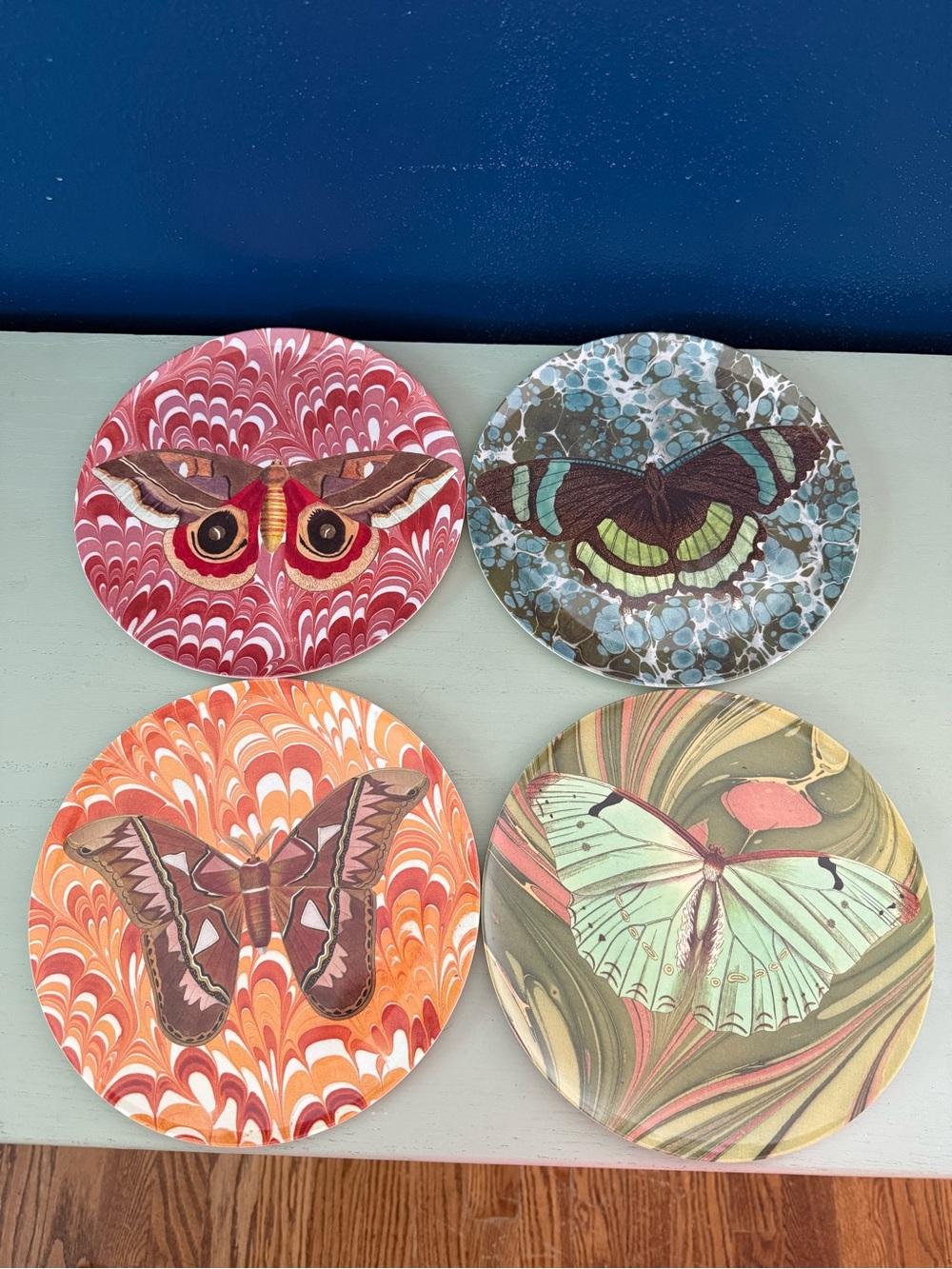 Brand New Set of 4 Thomas Paul Melamine Dinner Plates Moths Butterflies 9"